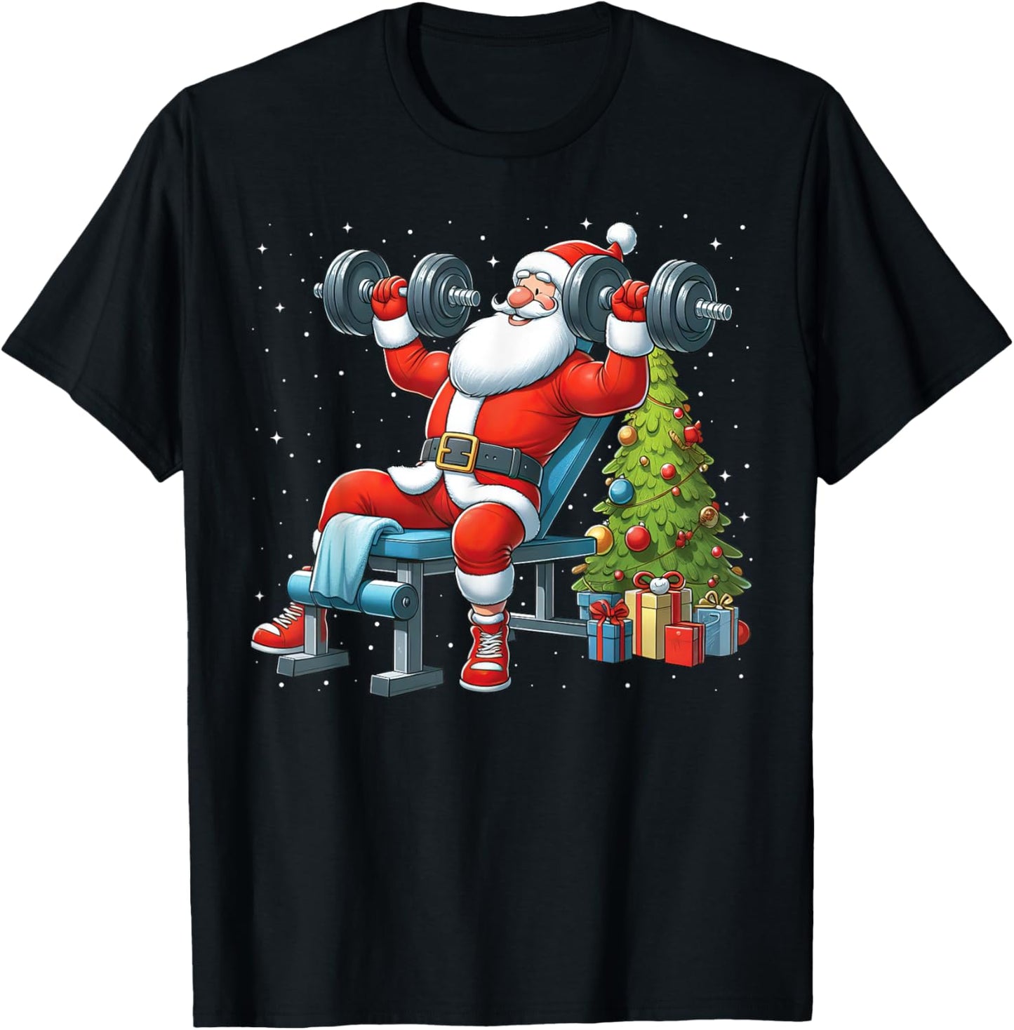 Santa Weightlifting Gym Workout Fitness Christmas Tree Xmas T-Shirt - T-Shirt | Black