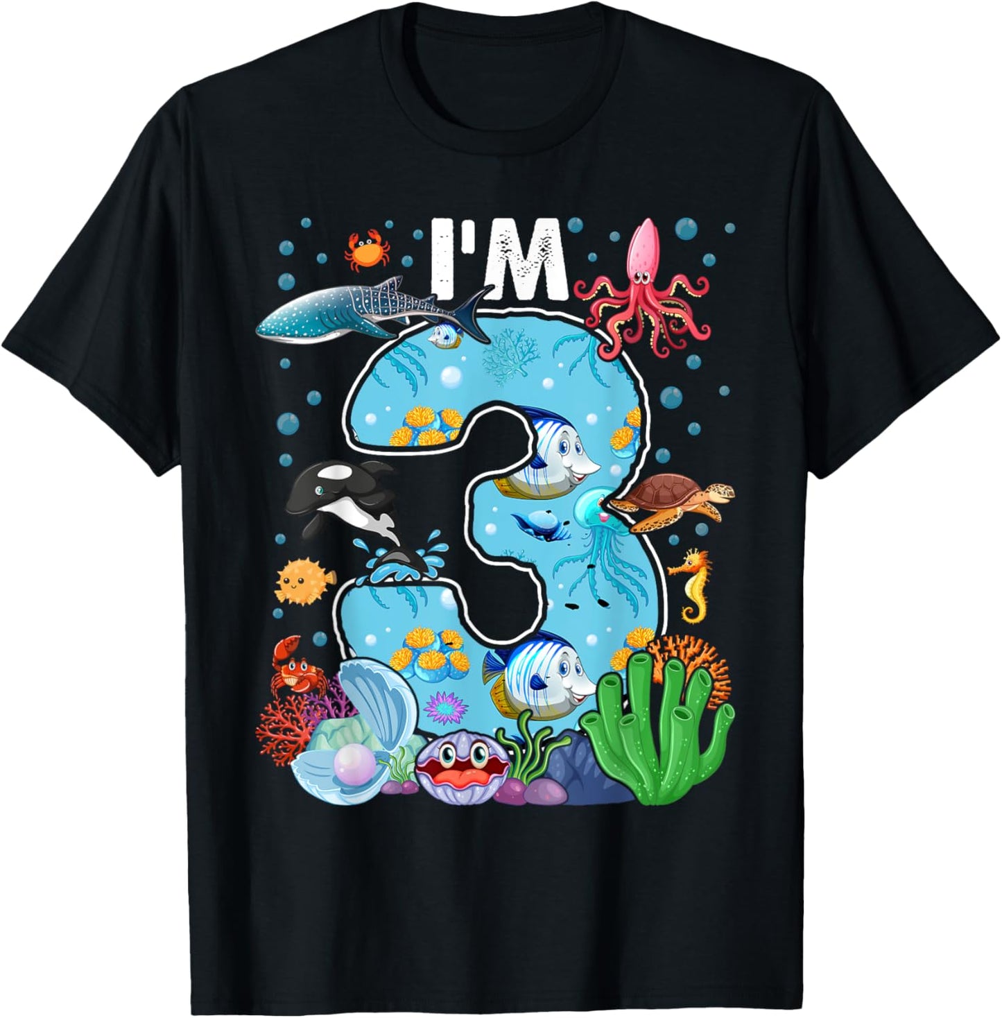 Kids 3 Year Old Birthday Whale Fish Sea Bday Boys and Girls T-Shirt - T-Shirt | Black