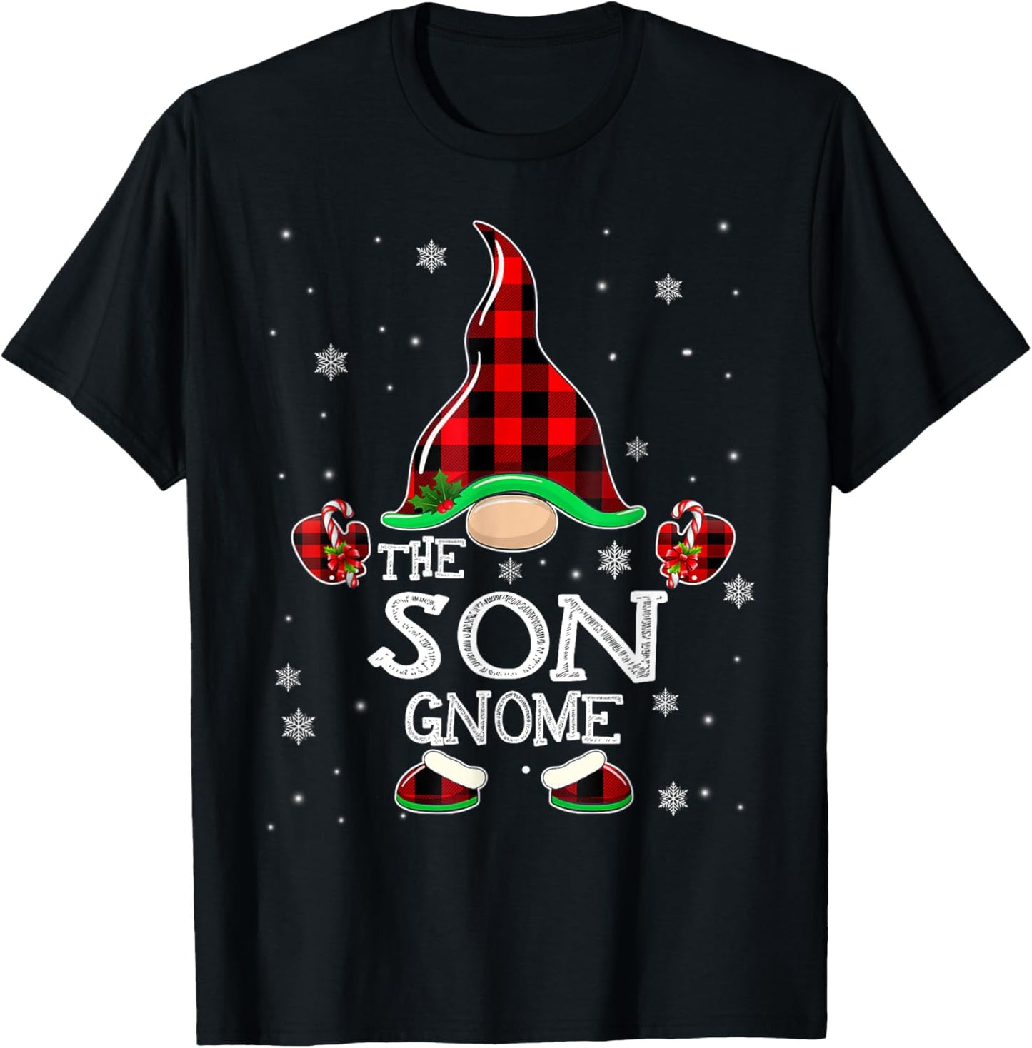 Son Gnome Buffalo Plaid Matching Family Christmas Pajama T-Shirt - T-Shirt | Black