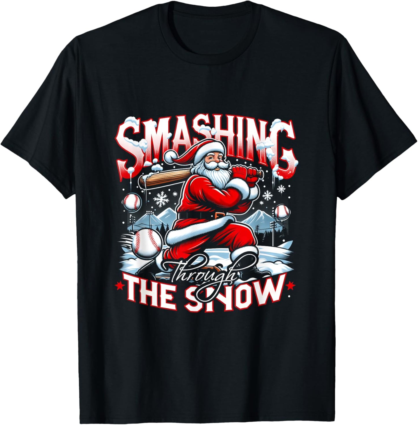 Baseball Player Christmas Santa Smashing Through Snow T-Shirt - T-Shirt | Black