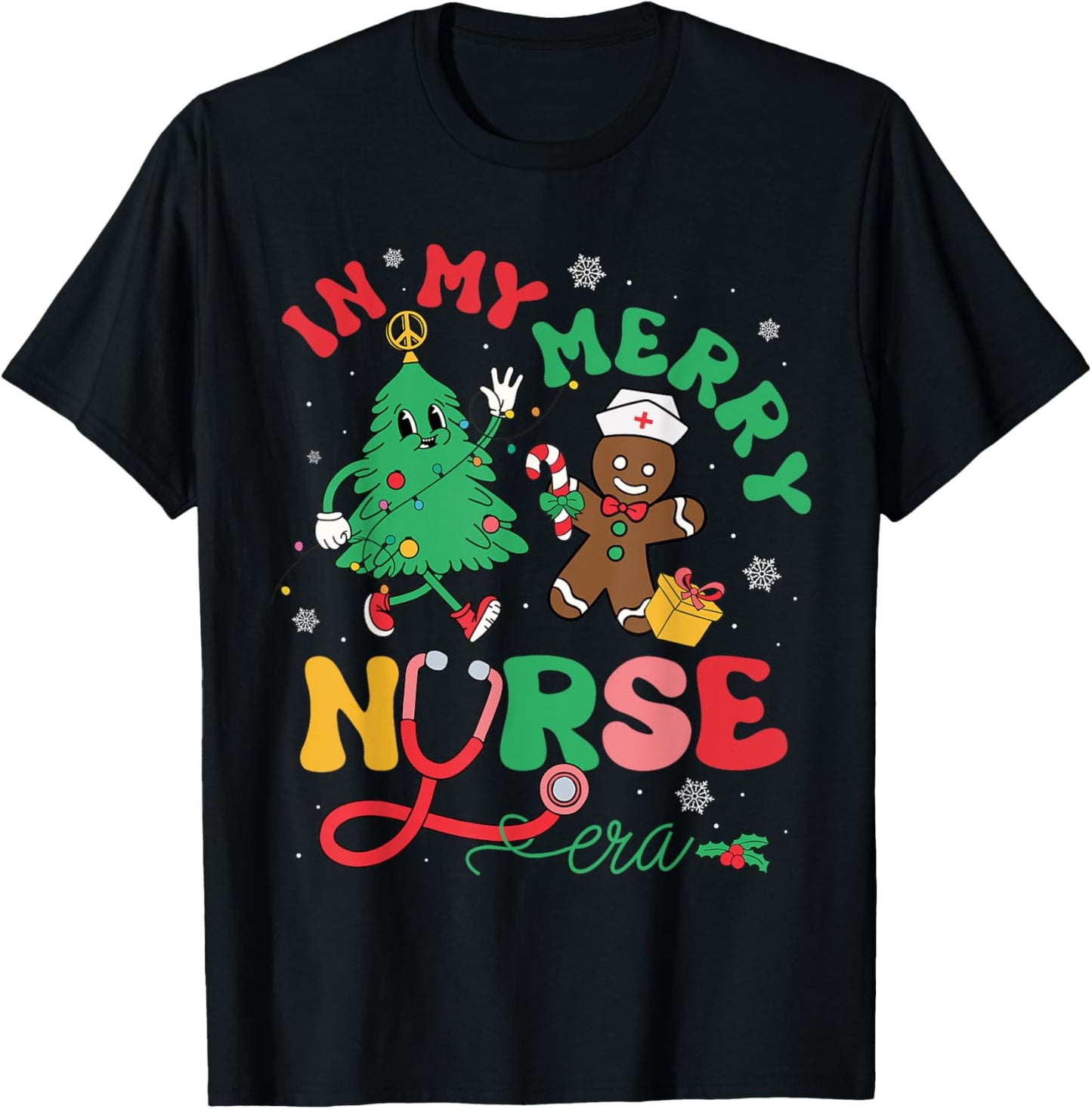In My Merry Nurse Era Christmas Tree Gingerbread Nursing T-Shirt - T-Shirt | Black