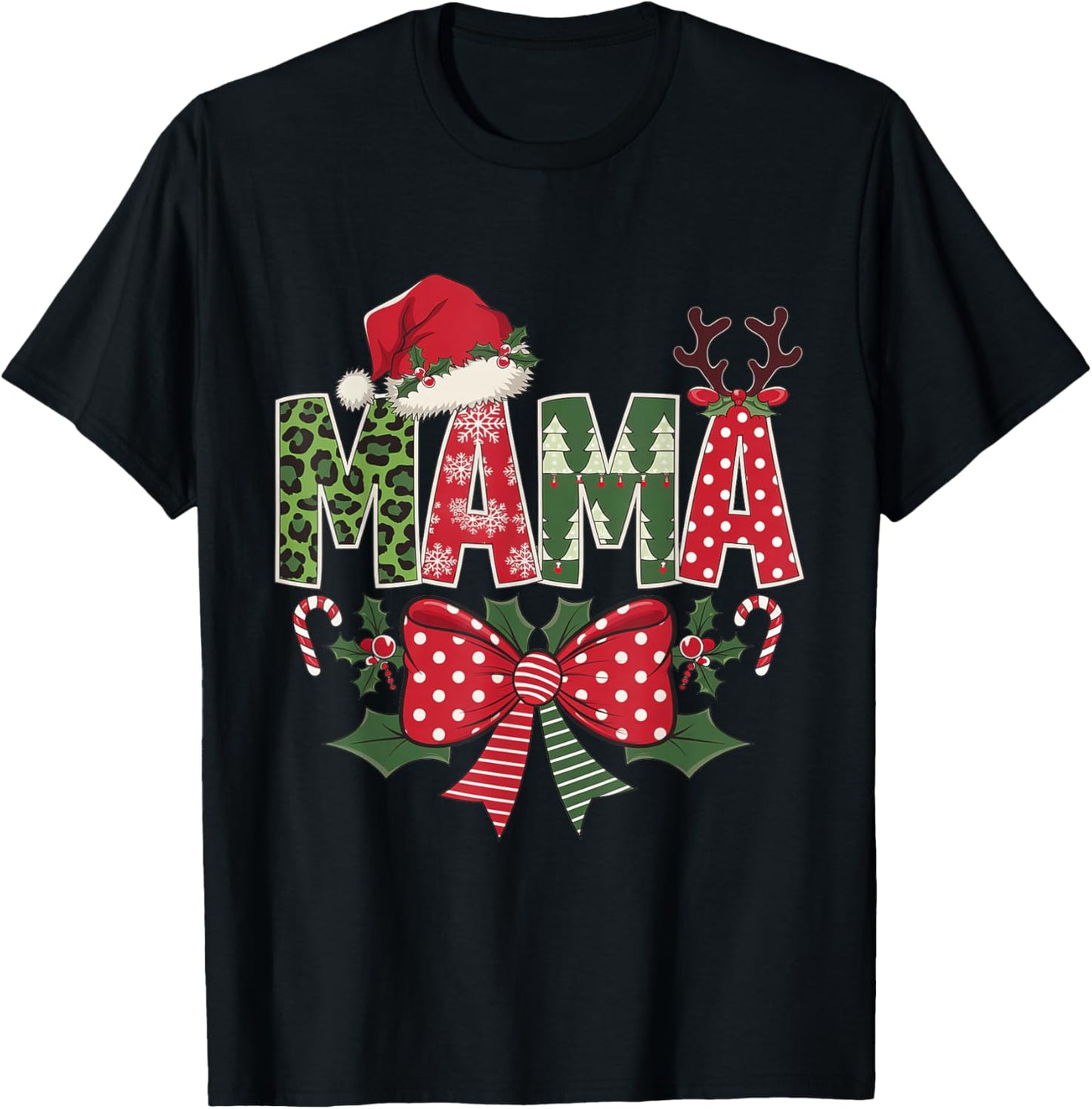 Mama Claus Santa Hat Coquette Bow Christmas Pajama Matching T-Shirt - T-Shirt | Black