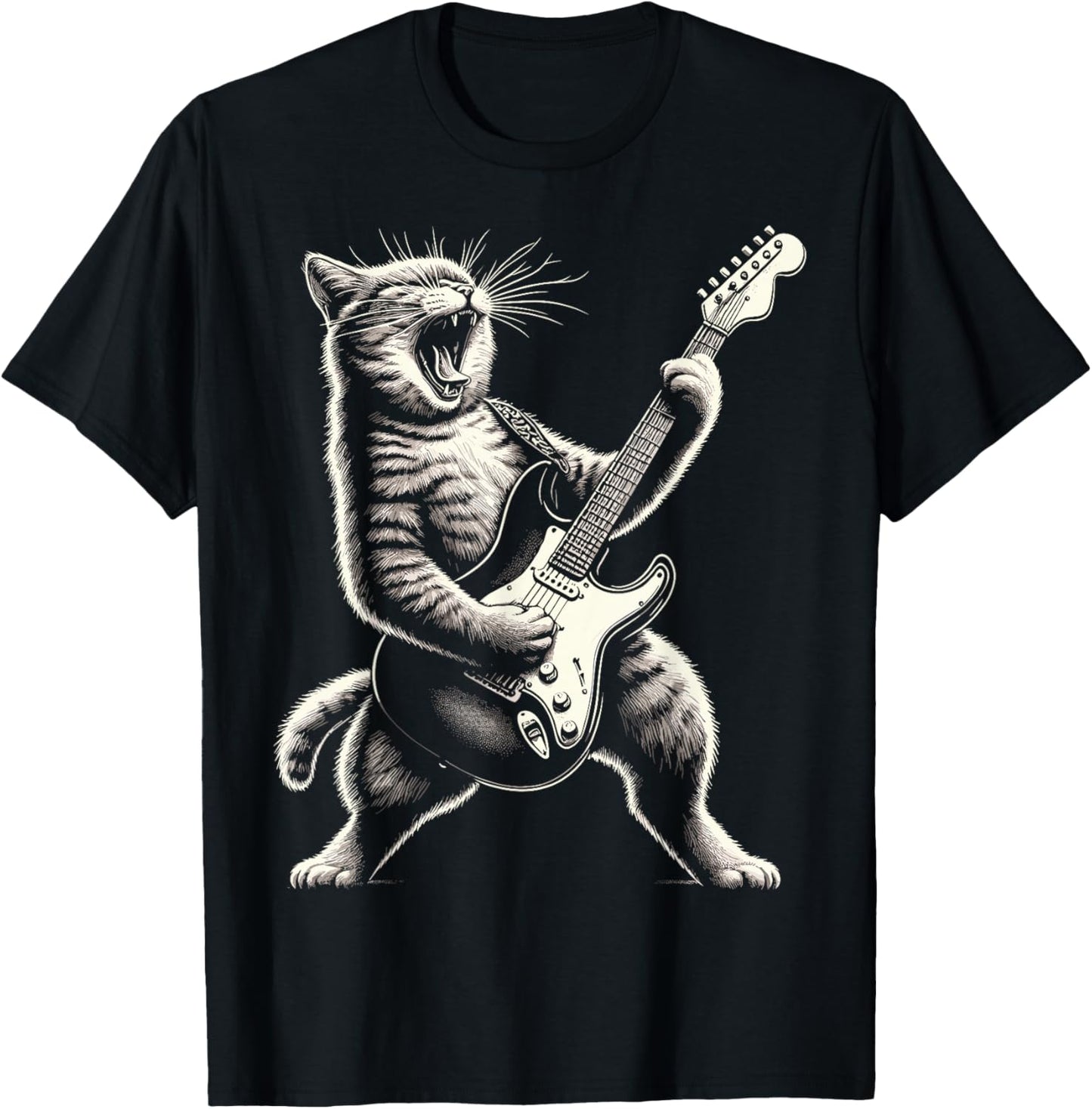 Cat Playing Guitar Rock and Roll T-Shirt - T-Shirt | Black