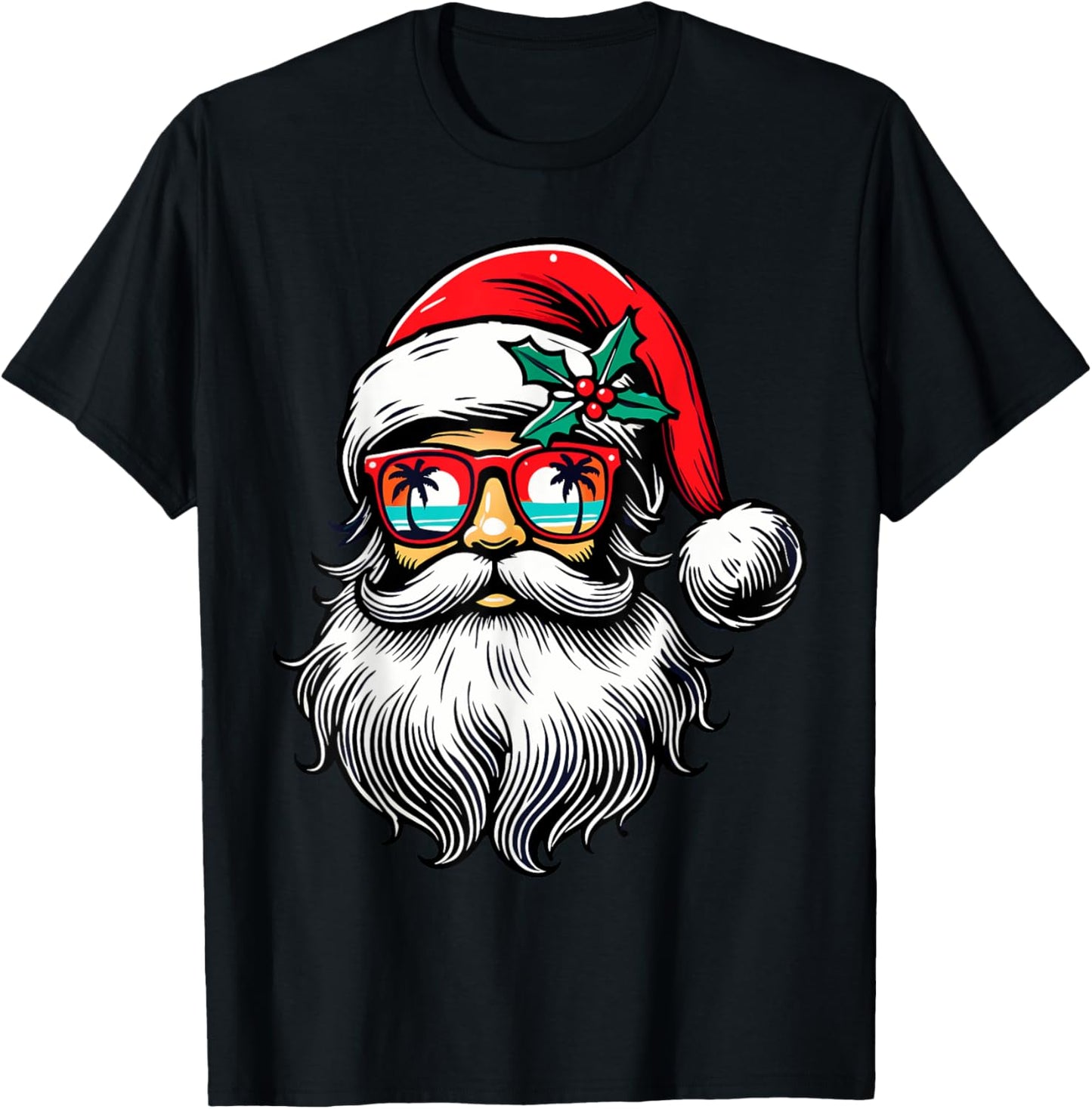 Santa Face Retro Sunglasses Hawaii Christmas Xmas Tropical T-Shirt - T-Shirt | Black