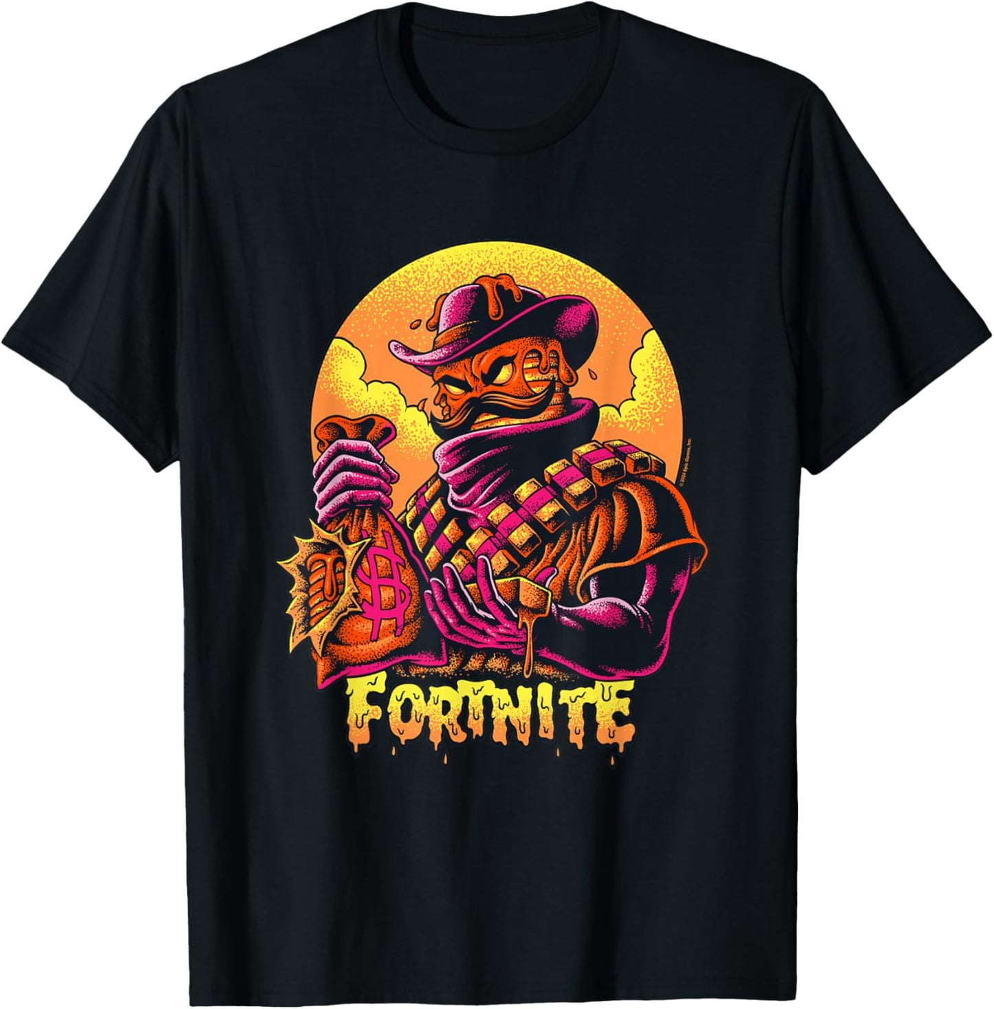 Fortnite Iconic Mancake Cowboy Distressed Big Chest Portrait T-Shirt - T-Shirt | Black