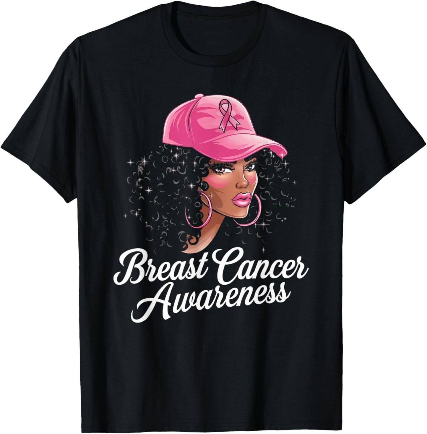 Breast Cancer Shirts for Black Women Hair Pink Hat T-Shirt - T-Shirt | Black