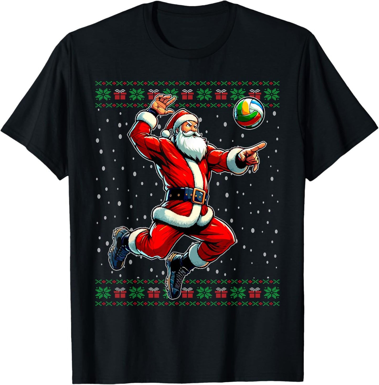 Volleyball Santa Claus Ugly Christmas Sweater T-Shirt - T-Shirt | Black