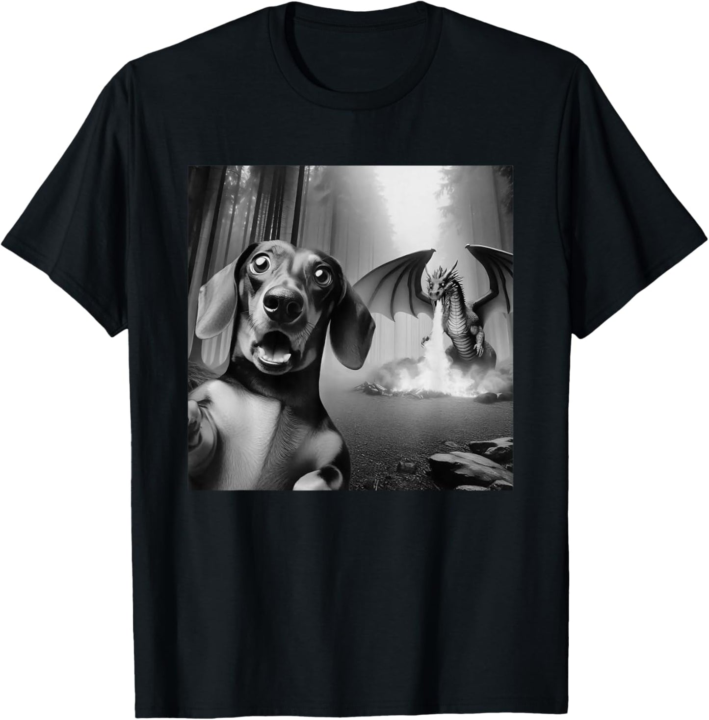 Funny Dachshund Selfie with dragon surprised Dachshund T-Shirt - T-Shirt | Black