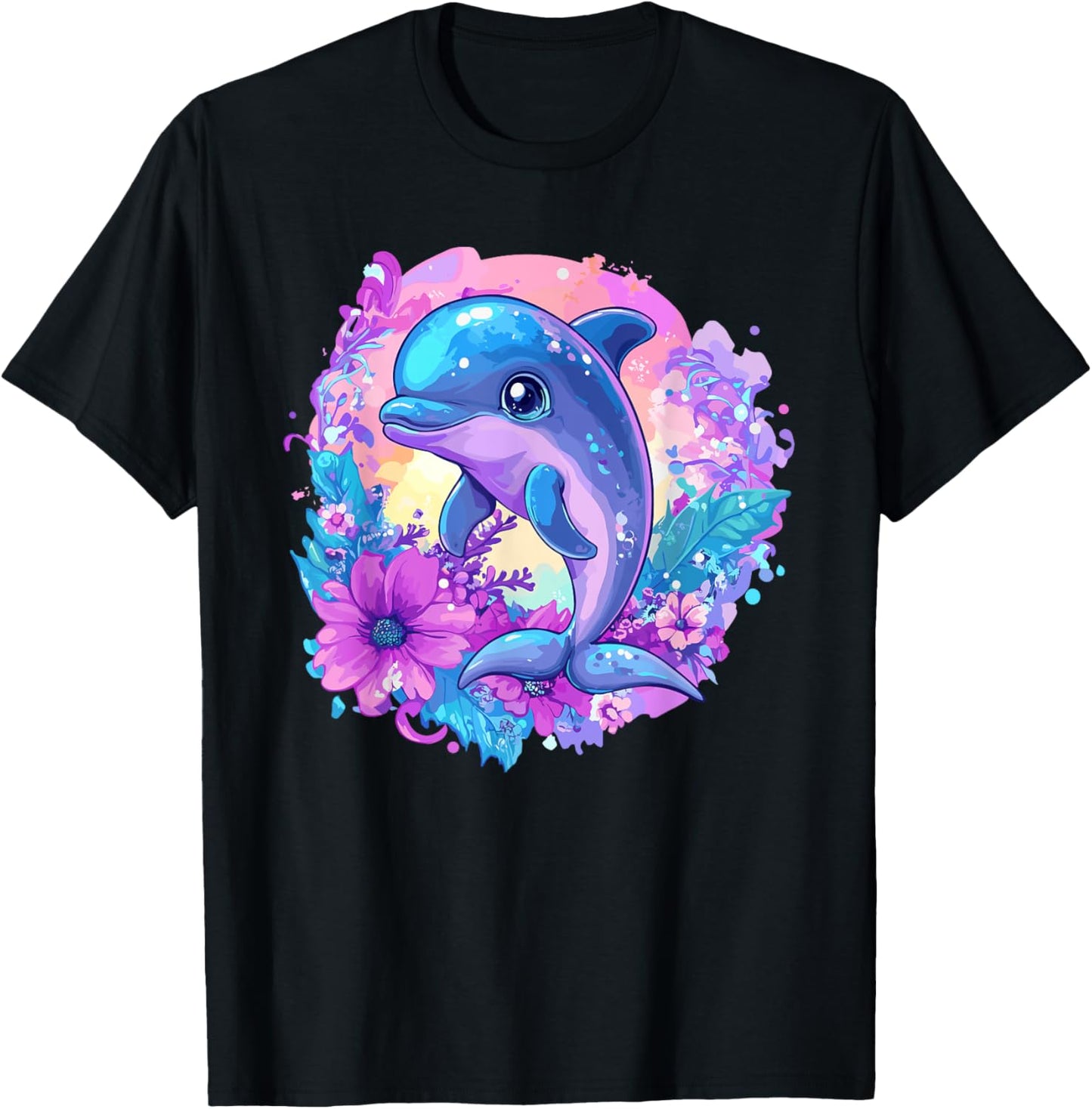 Playful Dolphin Surrounded By Flowers T-Shirt - T-Shirt | Black