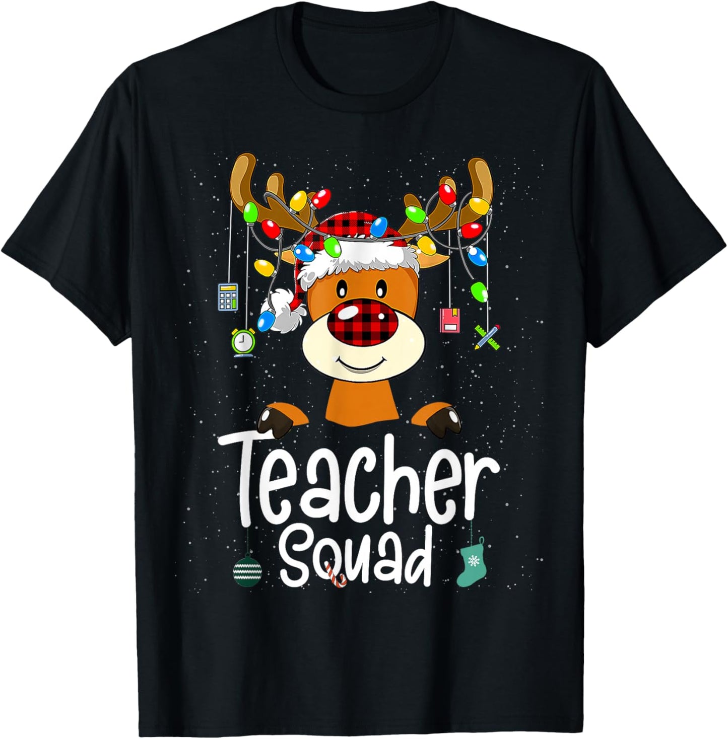 Teacher Squad Red Black Plaid Rudolph Reindeer Christmas T-Shirt - T-Shirt | Black