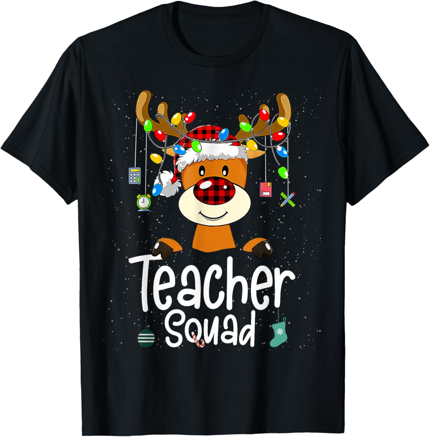 Teacher Squad Red Black Plaid Rudolph Reindeer Christmas T-Shirt - T-Shirt | Black