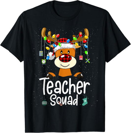 Teacher Squad Red Black Plaid Rudolph Reindeer Christmas T-Shirt - T-Shirt | Black