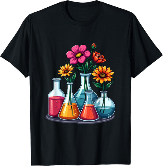 Floral Beakers Chemistry Scientist Medical Lab Technician T-Shirt - T-Shirt | Black