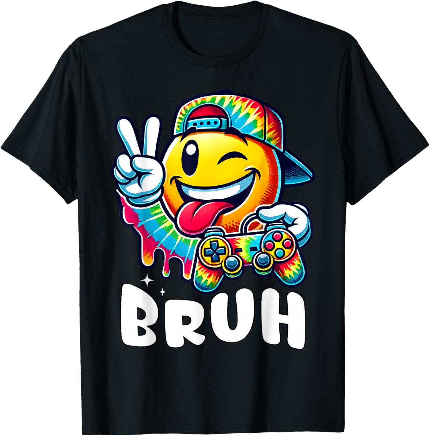 Groovy Tie Dye Gaming Funny Bruh Boys Peace Sign Gamer Kids T-Shirt - T-Shirt | Black