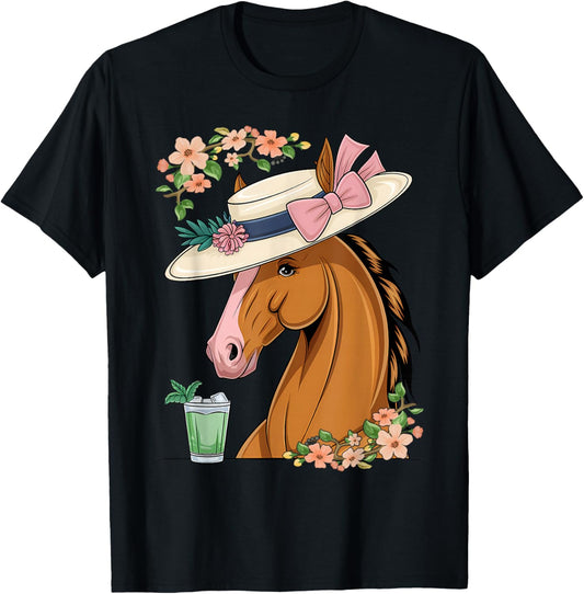 Funny Horse Derby Party Blue Round Neck T-Shirt - T-Shirt | Black