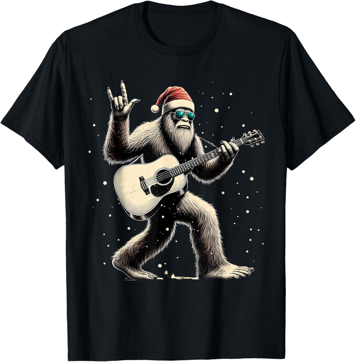 Funny Bigfoot Santa Hat Christmas Bigfoot Playing Guitar T-Shirt - T-Shirt | Black
