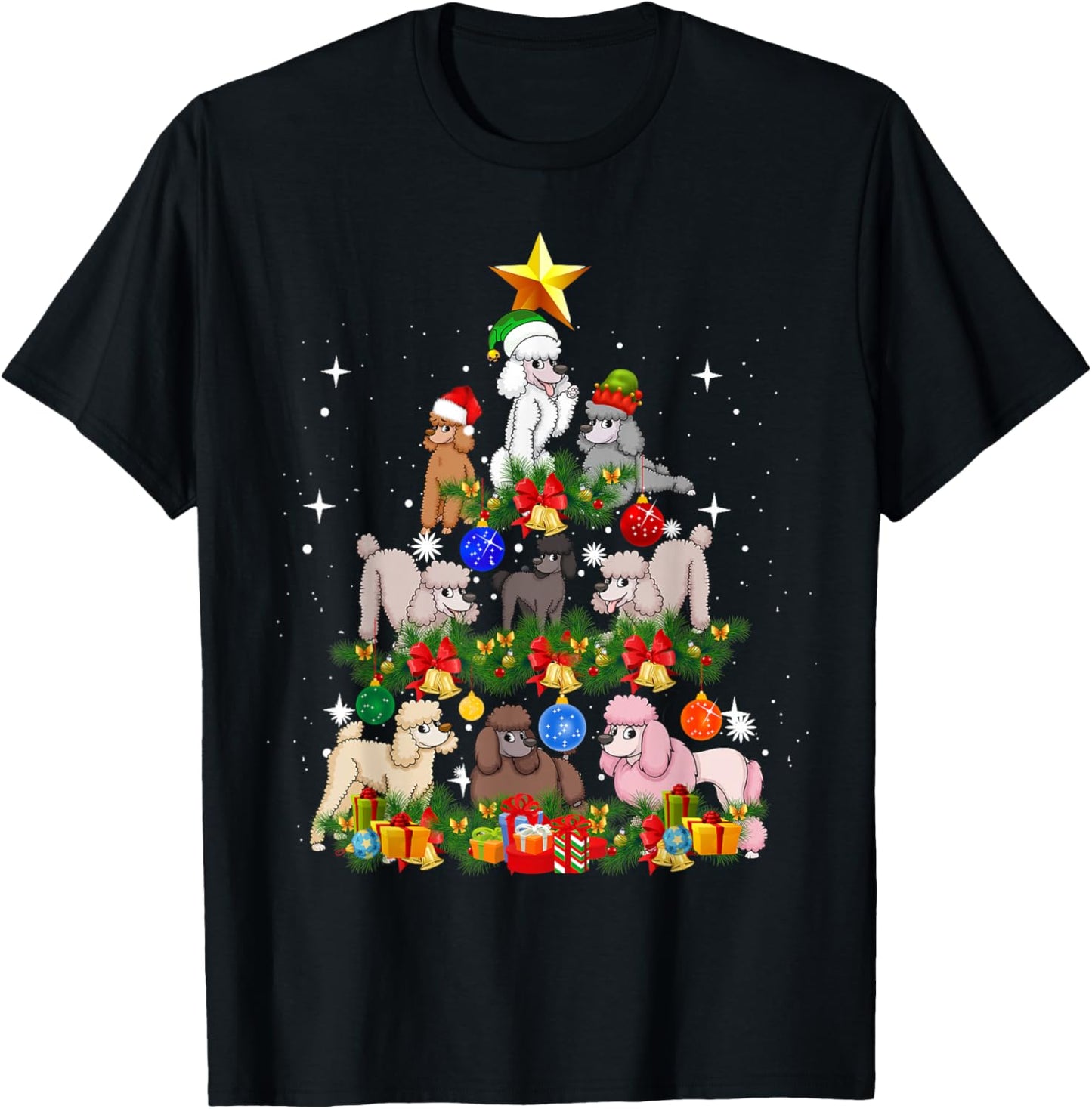 Funny Poodle Christmas Tree Santa Hat Xmas Holiday Costume Men Women Kids T-Shirt - T-Shirt | Black