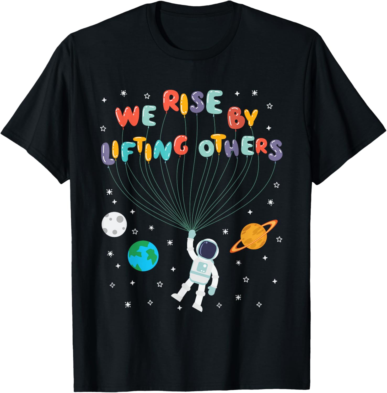 Kids Black Small We Rise By Lifting Others Positive Quotes Planets Teacher Graphic Vintage Short Sleeve T-Shirt - T-Shirt | Black