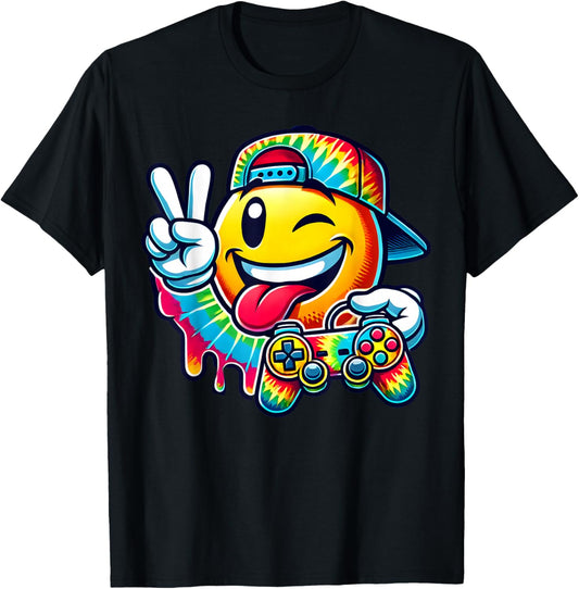 Groovy Tie Dye Gaming Boys 70s Retro Smile Peace Sign Gamer T-Shirt - T-Shirt | Black
