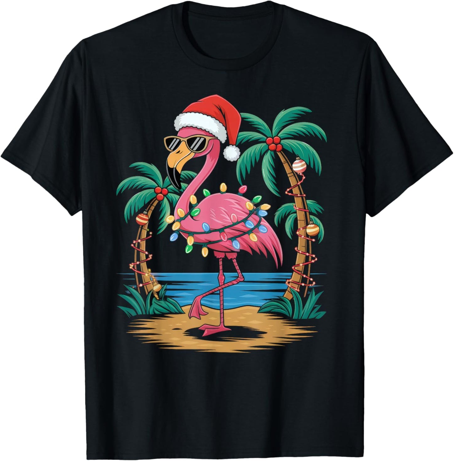 Santa Flamingo Christmas Lights Tropical Palms Tree Beach T-Shirt - T-Shirt | Black