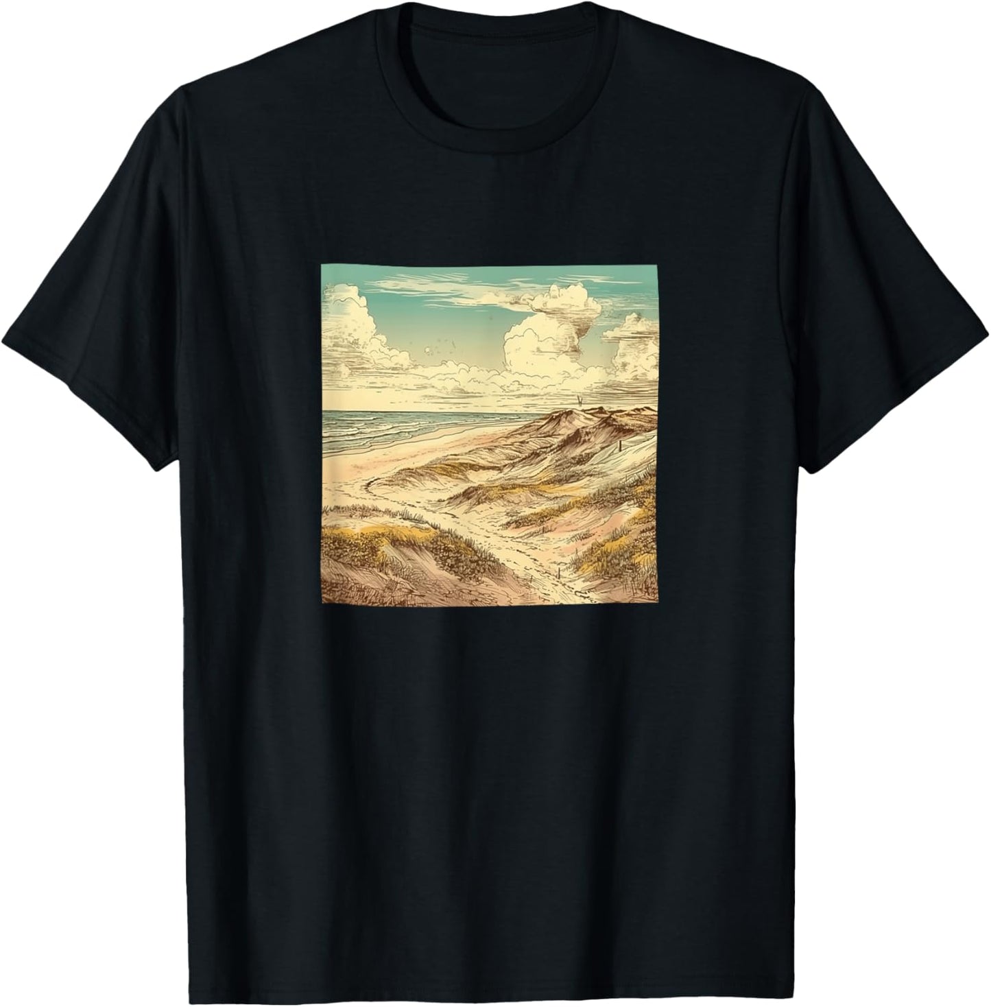Sandy Beach With Dunes Vintage Landscape Graphic T-Shirt - T-Shirt | Black