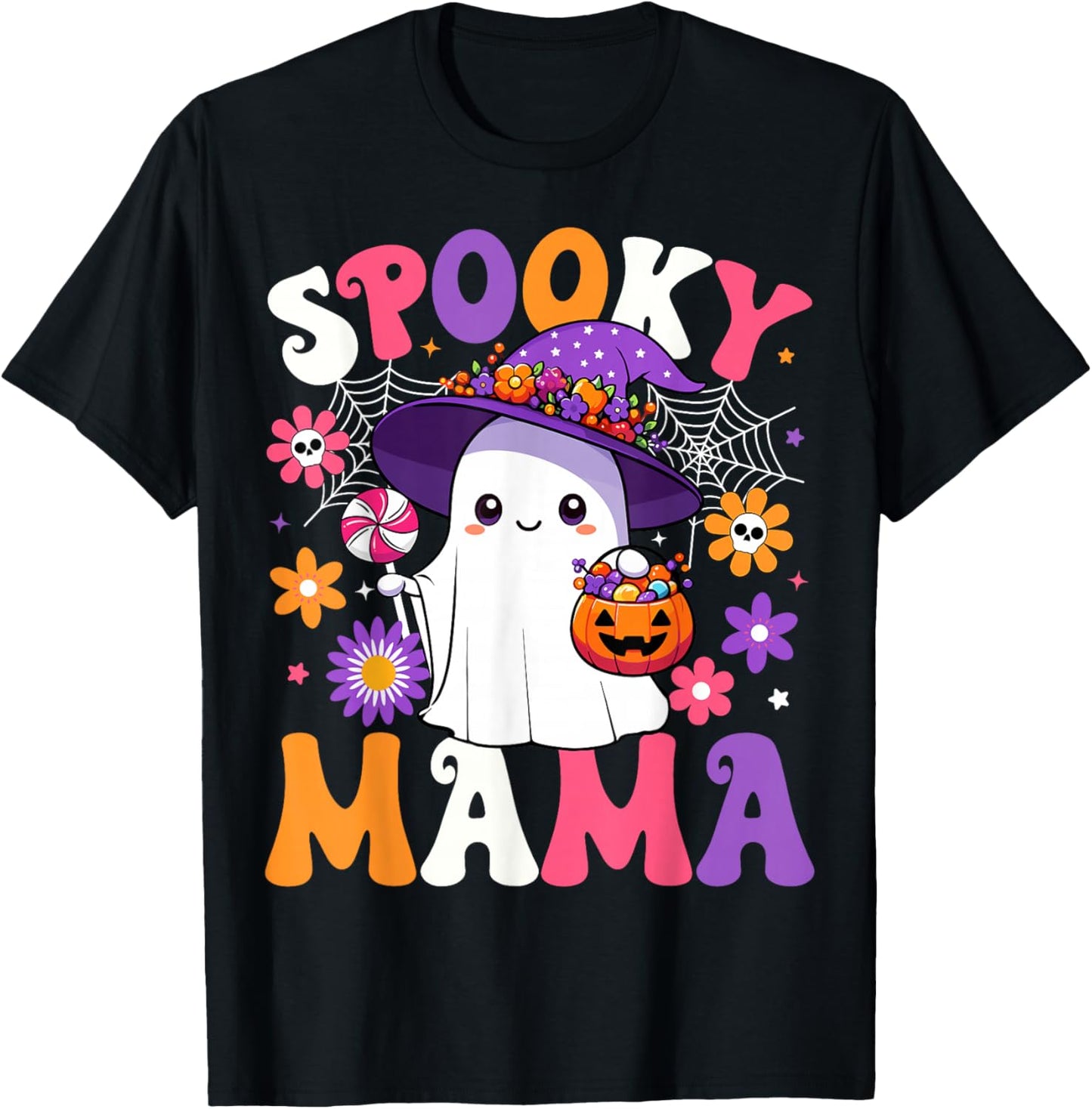 Groovy Spooky Mama Halloween Ghost Pumpkin Halloween Mom T-Shirt - T-Shirt | Black