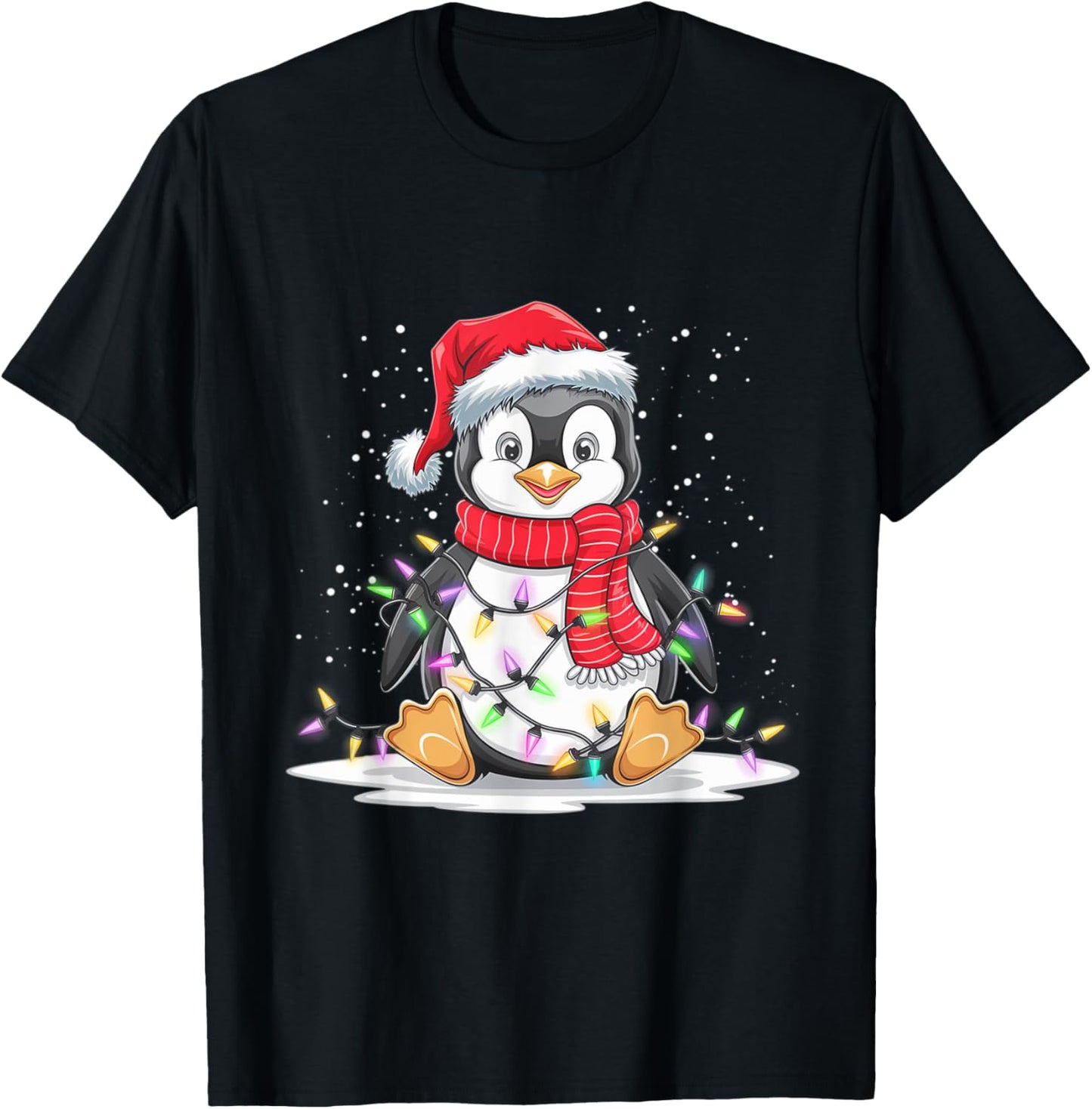 Funny Xmas Matching Santa Hat Penguin Christmas Tree Lights T-Shirt - T-Shirt | Black