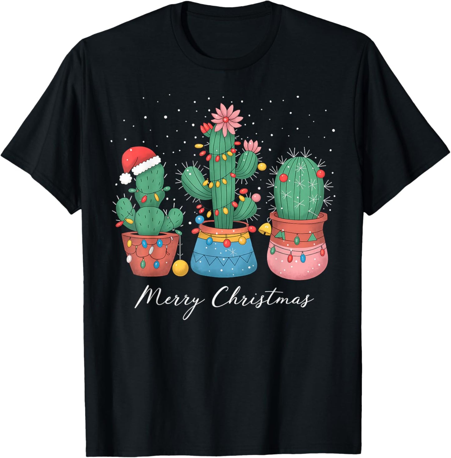 Merry Christmas Cactus Tree Lights Cactus Lover Funny Xmas T-Shirt - T-Shirt | Black