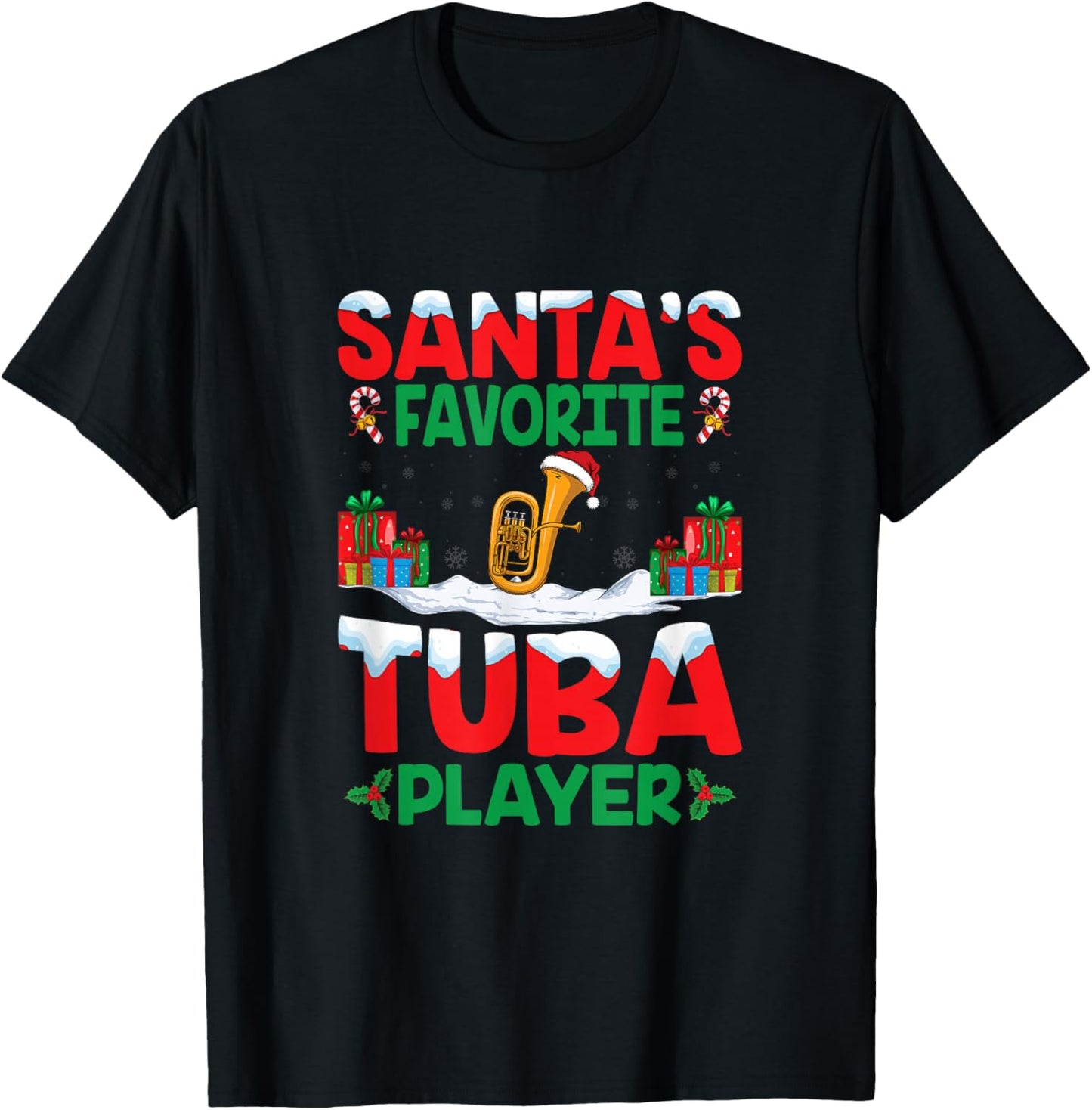 Santa's Favorite Tuba Player Xmas Party Tuba Music Christmas T-Shirt - T-Shirt | Black