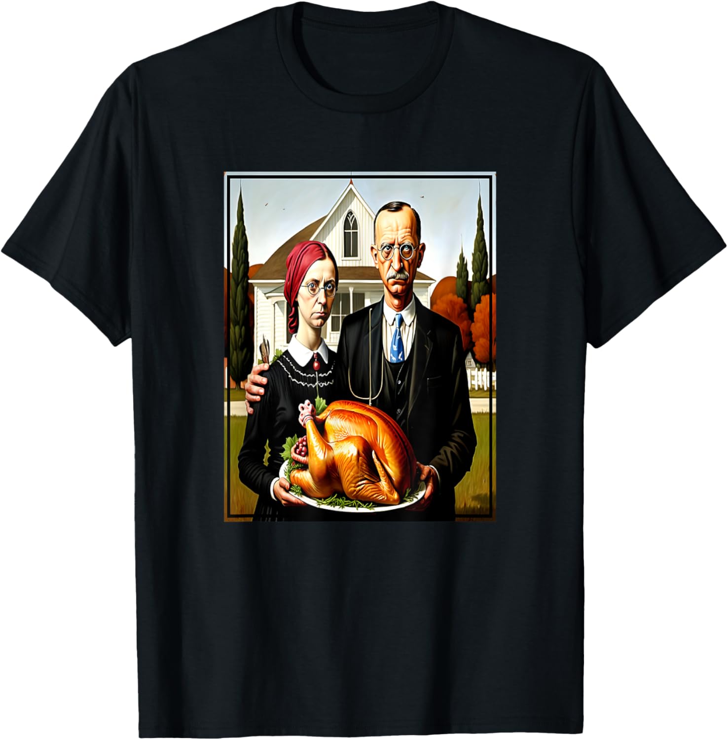 Thanksgiving Dinner American Gothic Parody Painting T-Shirt - T-Shirt | Black