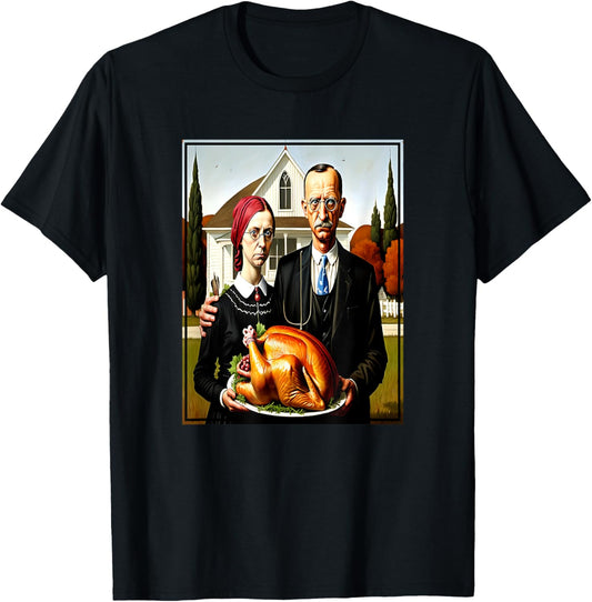 Thanksgiving Dinner American Gothic Parody Painting T-Shirt - T-Shirt | Black