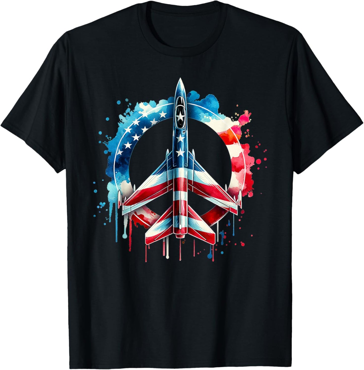 Flying Jet American Flag Peace Sig USA Patriotic July 4th T-Shirt - T-Shirt | Black