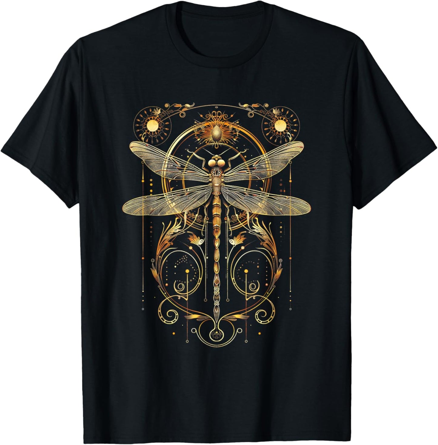 Ornate Victorian Art nouveau Nature Insect Black Elegant Gold Steampunk Dragonfly , -Adults, Short Sleeve, , Size: Small T-Shirt - T-Shirt | Black