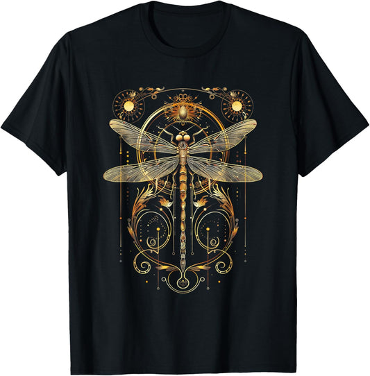 Ornate Victorian Art nouveau Nature Insect Black Elegant Gold Steampunk Dragonfly , -Adults, Short Sleeve, , Size: Small T-Shirt - T-Shirt | Black