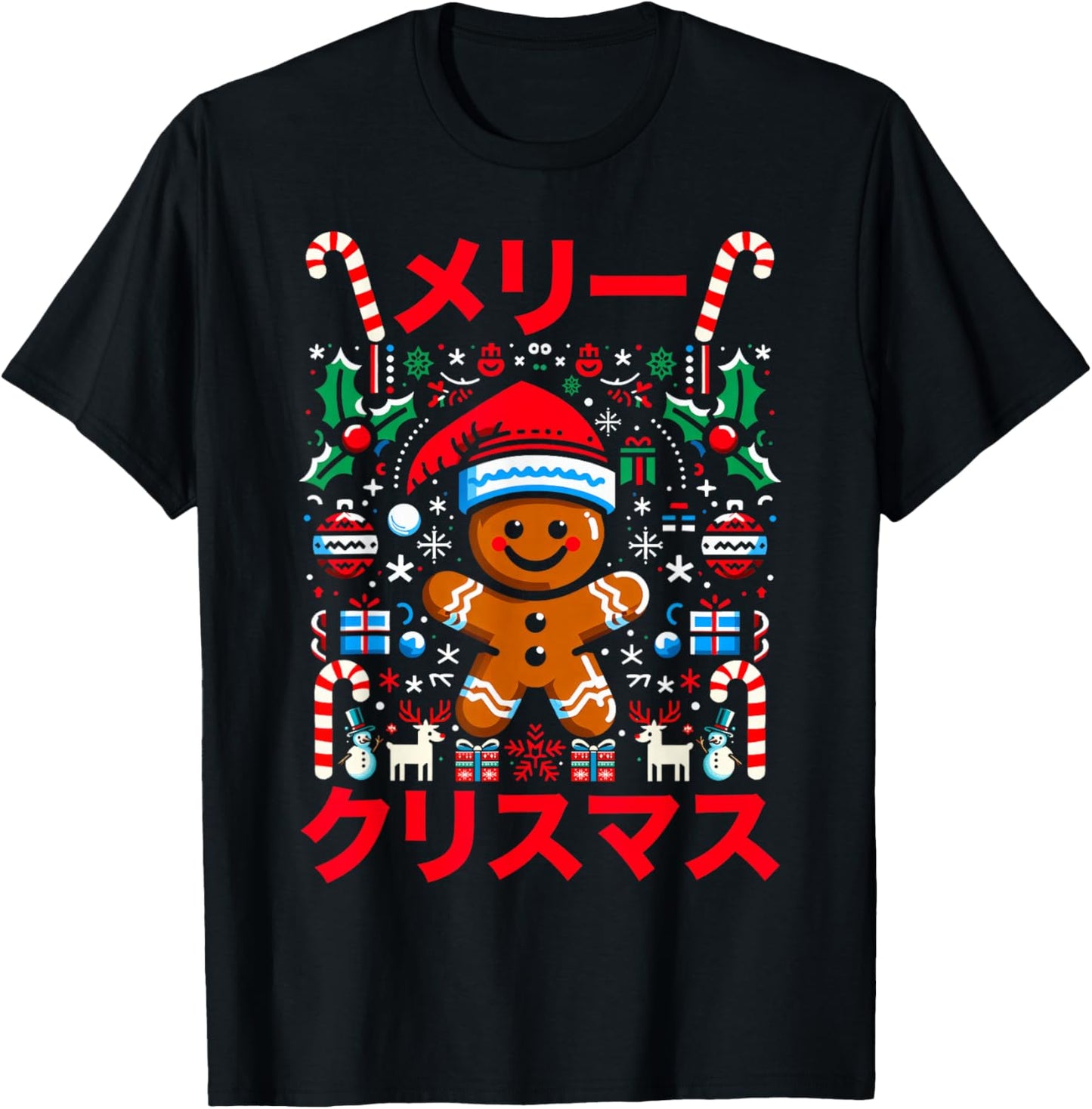 Gingerman Christmas Anime Kawaii Meri Kurisumasu Japanese T-Shirt - T-Shirt | Black