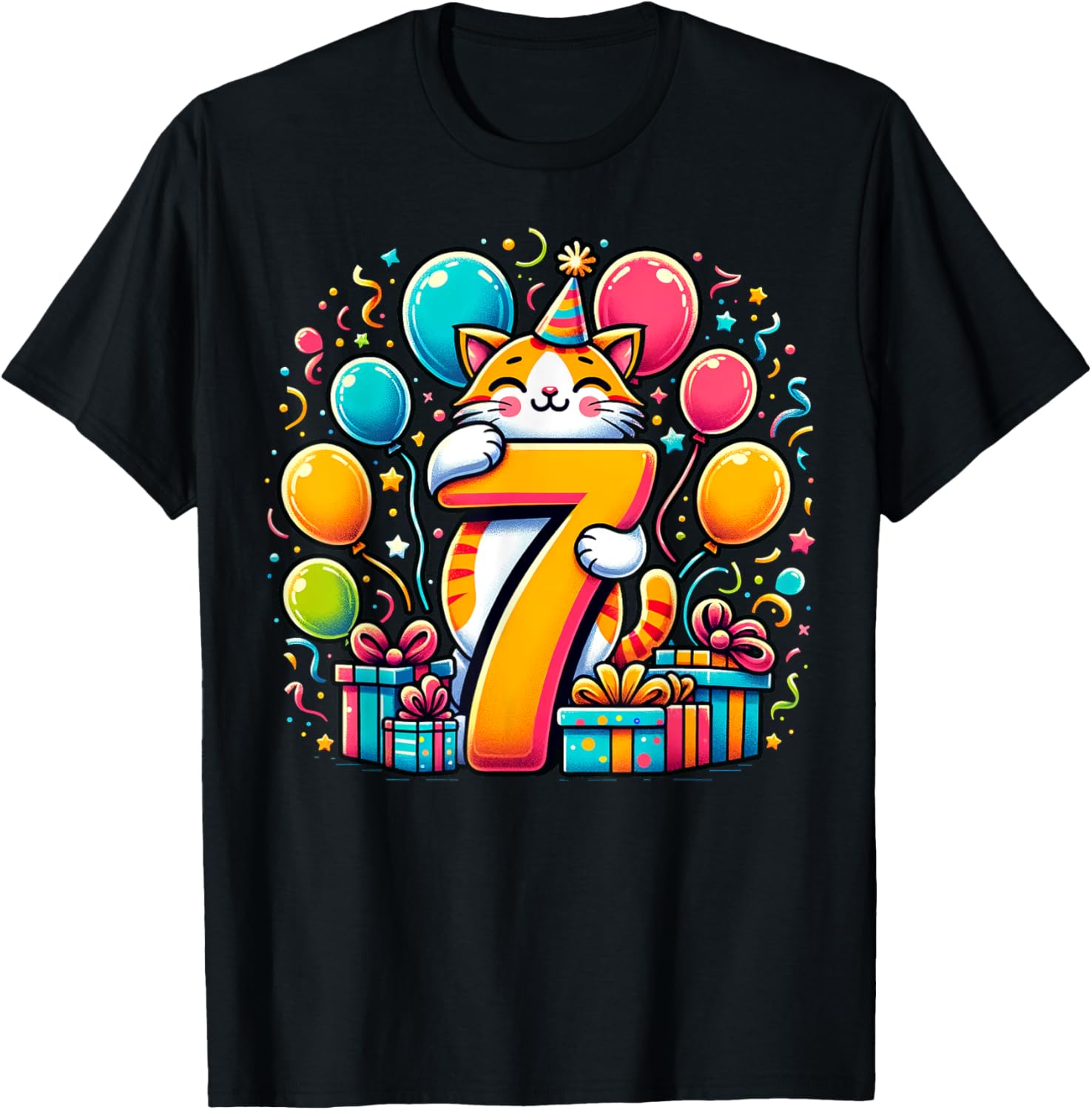 Cat 7th birthday boy girl 7 years old seventh seven Cat T-Shirt - T-Shirt | Black