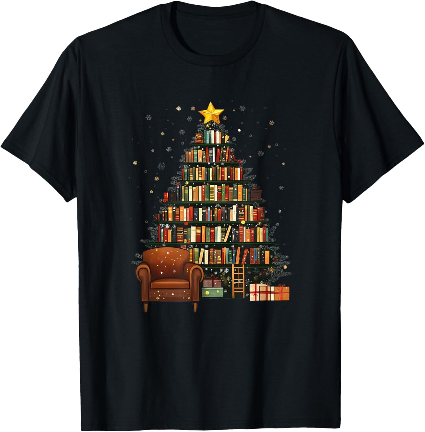 Christmas Tree Bookshelf - Book Lover Library T-Shirt - T-Shirt | Black