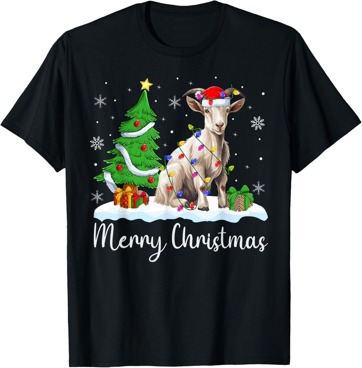 Goat Xmas Lighting Santa Hat Goat Merry Christmas Tree T-Shirt - T-Shirt | Black