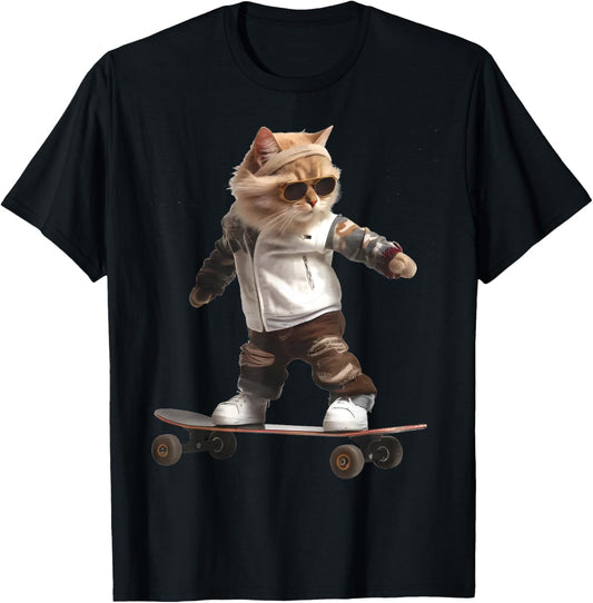 Cat On A Skateboard Funny Stylish Riding Cat In Skatepark Men Women Kids T-Shirt - T-Shirt | Black