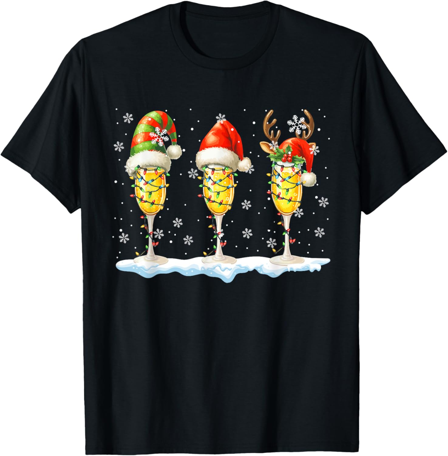 Three Santa Reindeer Elf Glasses Of Champagne Xmas Drunker T-Shirt - T-Shirt | Black
