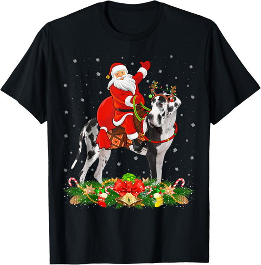 Xmas Decor Funny Santa Riding Great Dane Dog Christmas Men Women Kids T-Shirt - T-Shirt | Black