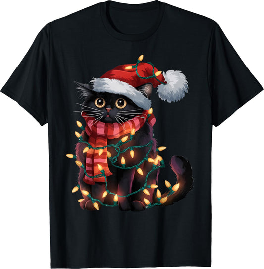 Black Cat Christmas Shirt Santa Hat Xmas Lights T-Shirt - T-Shirt | Black