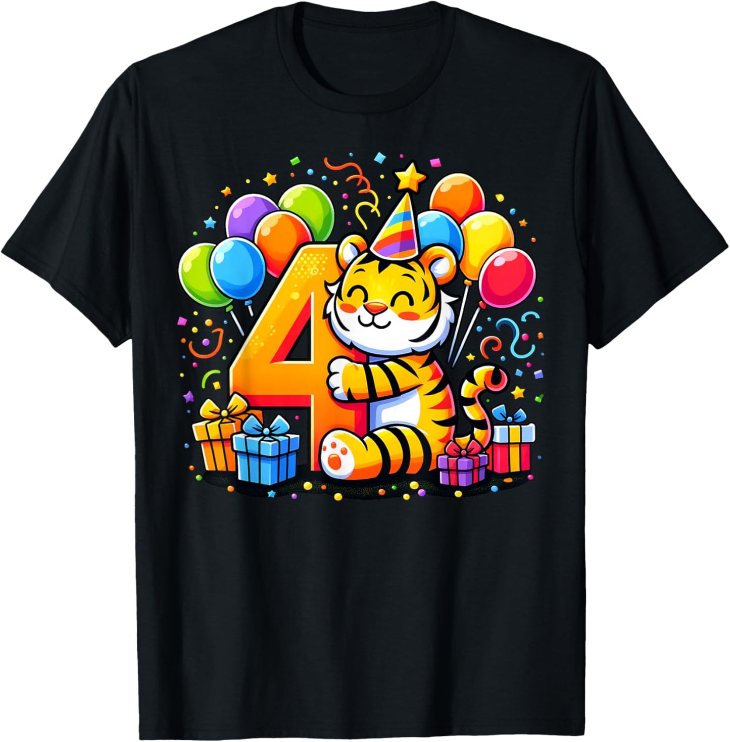 Kids Tiger Theme fourth Bday Party 4th Tiger Birthday T-Shirt - T-Shirt | Black