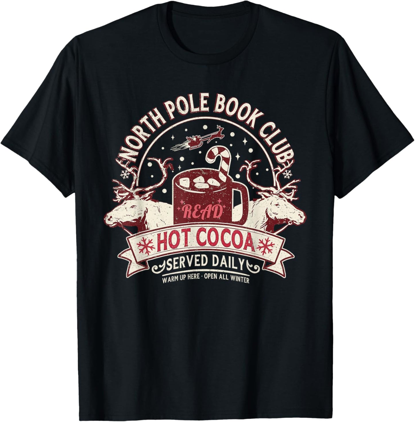 North Pole Book Club Hot Cocoa Reindeer Librarians Christmas T-Shirt - T-Shirt | Black