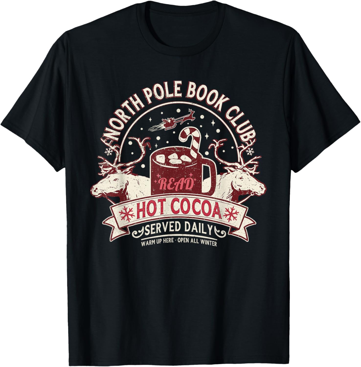 North Pole Book Club Hot Cocoa Reindeer Librarians Christmas T-Shirt - T-Shirt | Black