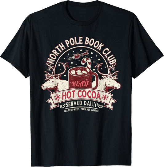 North Pole Book Club Hot Cocoa Reindeer Librarians Christmas T-Shirt - T-Shirt | Black