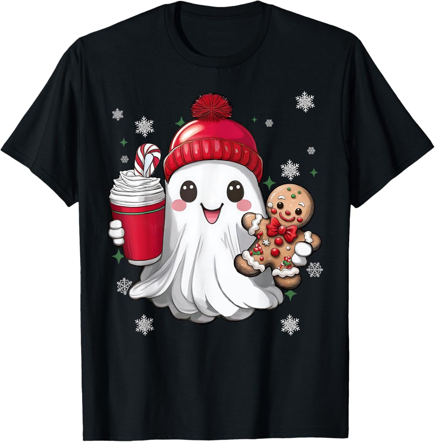 Retro Ghost Beanie Christmas Holiday Xmas Coffee Gingerbread T-Shirt - T-Shirt | Black