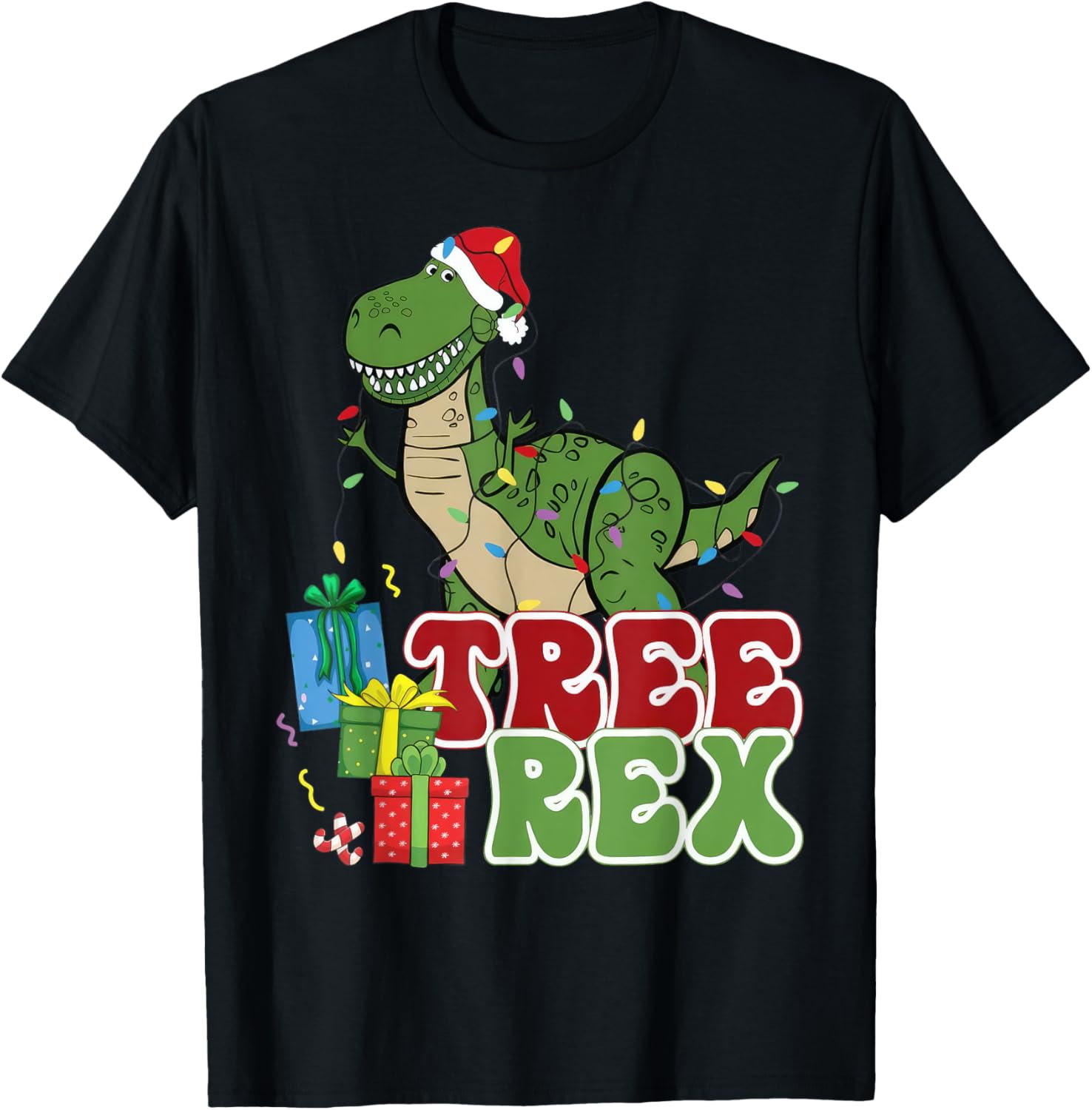 Dinosaur Tree Rex Christmas Men Boys Kids Toddler Xmas Light T-Shirt - T-Shirt | Black
