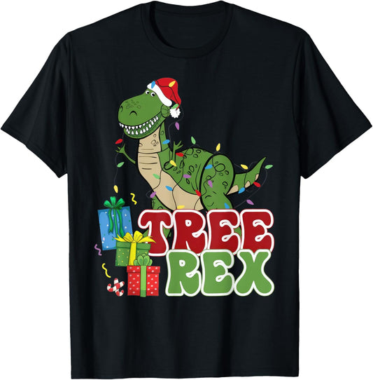 Dinosaur Tree Rex Christmas Men Boys Kids Toddler Xmas Light T-Shirt - T-Shirt | Black
