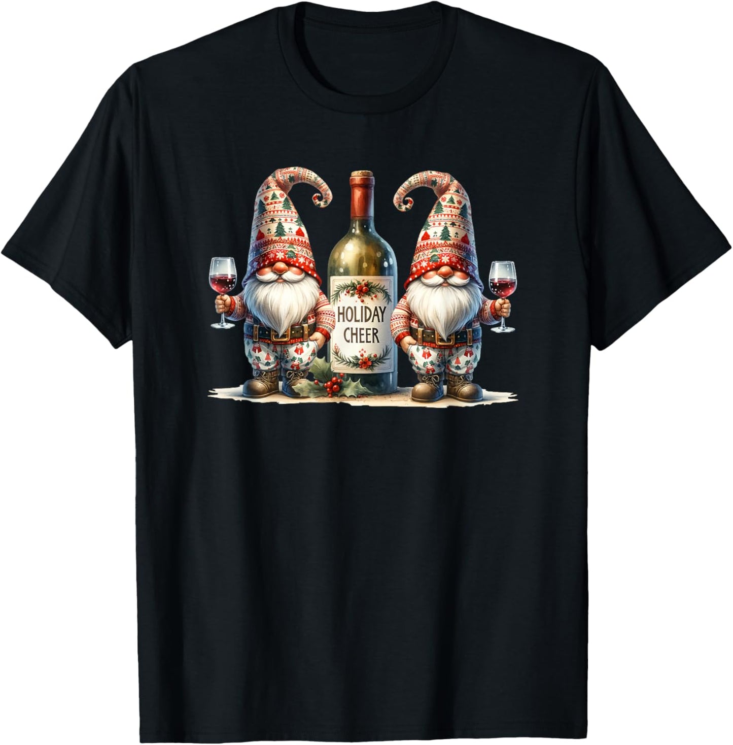 Christmas Wine Santa Gnomes For Xmas Holiday Cheer T-Shirt - T-Shirt | Black